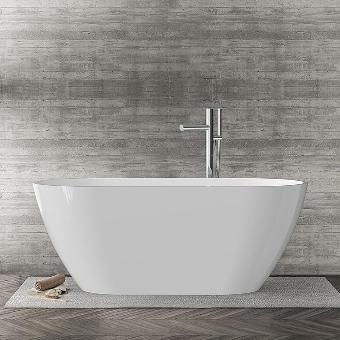 59 Inch Acrylic Freestanding Bathtub, Acrylic Soaking Bathtub with Matte Drain and Overflow, Deep Ergonomic Tub with Double-Walled Insulation, cUPC Certified, Modern Square Design