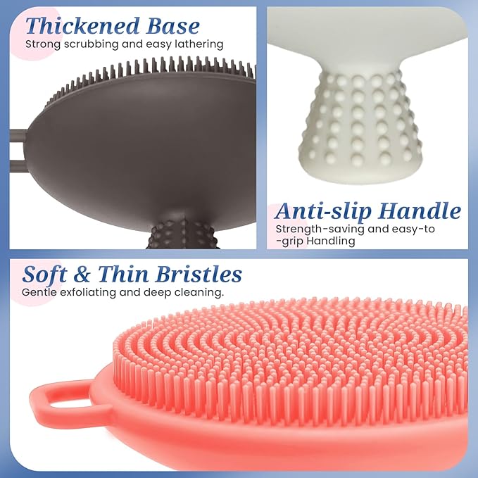 Silicone Face & Back Scrubber Set, Manual Face & Body Scrubber Exfoliator with Soft Bristles and Non-Slip Handle, Back Brush Bath Brush with 2 Detachable Brush Heads(3PCS Green Set)