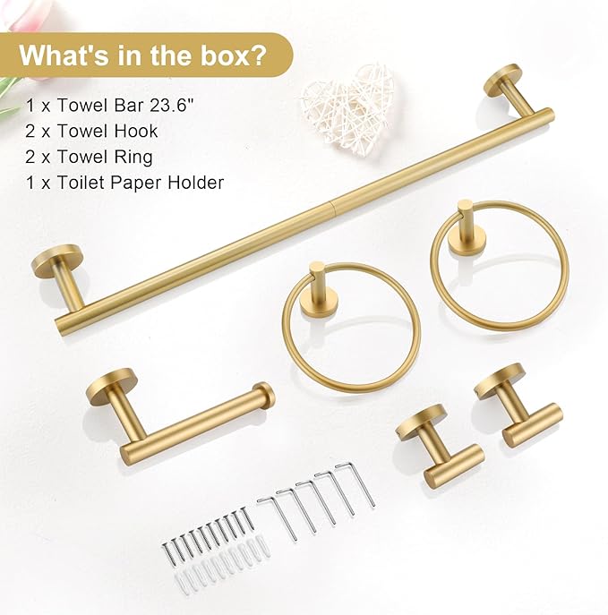 TQKAG Brushed Gold Bathroom Hardware Set 6-Piece Bathroom Accessory Set 23.6 Inch Round Stainless Steel Towel Bar Set Wall Mounted