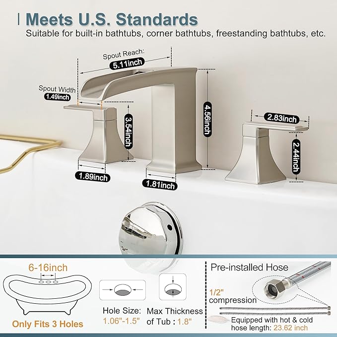 Waterfall Tub Faucet Brushed Nickel Bathtub Faucet 3 Hole, Brass High Pressure Bath Tub Faucet Set Deck Mount Roman Tub Faucets, Modern Tub Filler Bath Faucet for Tub with 2 Handles No Leaks