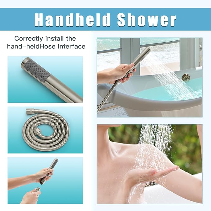 Floor Mount Bathtub Faucet，Freestanding Tub Faucet ，High Flow Dual Function 360 Degree Rotating Tube and Handheld Water Outlet (Brushed Nickel)