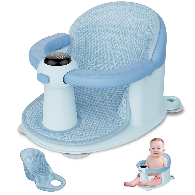 Baby Bath Seat-for Babies 6 Months & up, Water Temperature Display+Soft Cushion, Non-Slip Toddler Bath Seat for Baby, Sit Up Bath Seat for Baby, Blue