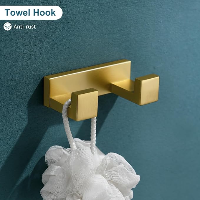 TNOMS 4-Piece Modern Gold Bathroom Hardware Accessories Set - Towel Bar & Holder, Stainless Steel, Wall Mounted, 23.6 Inch