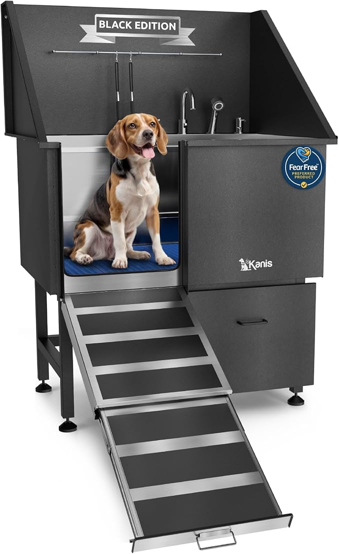 KANIS Black Line Professional Dog Washing Station - 304 Stainless Steel Pet Wash Sink & Grooming Bathtub w/Shower, Floor Grates and Storage for Large, Medium & Small Pets (40", 1 Drawer - Left Ramp)