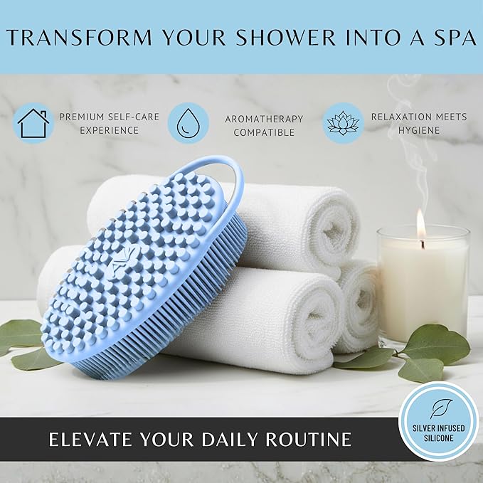 Silicone Body Scrubber for Shower - Gentle Exfoliating Back Scrubber with Soft Bristles - Avilana Premium Dual Sided Bath Brush Massage - Loofah Alternative for Sensitive Skin - Gift Women Men