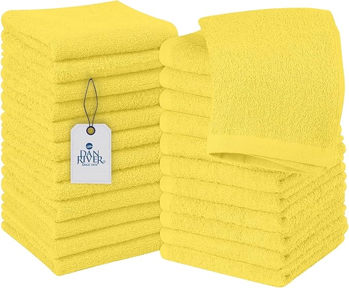 DAN RIVER 24 Pack Wash Cloths for Showering [12x12] - 100% Cotton Washcloths Premium Quality Flannel Face Cloths for Bathroom, Highly Absorbent and Soft Feel Wash Clothes, Yellow