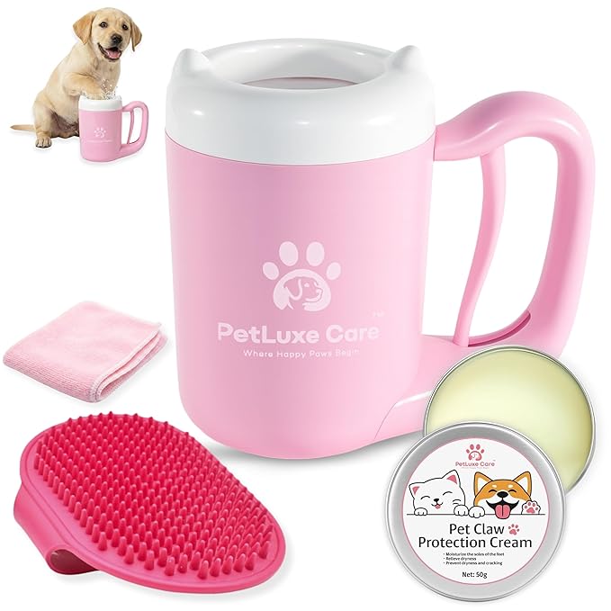 Dog Paw Washer Kit - Includes Paw Cleaner Cup, Towel, Pet Bath Brush & Moisturizing Balm - Dog Foot Washer for Muddy Paws, ideal for Small & Medium Dogs (Pink, Small)