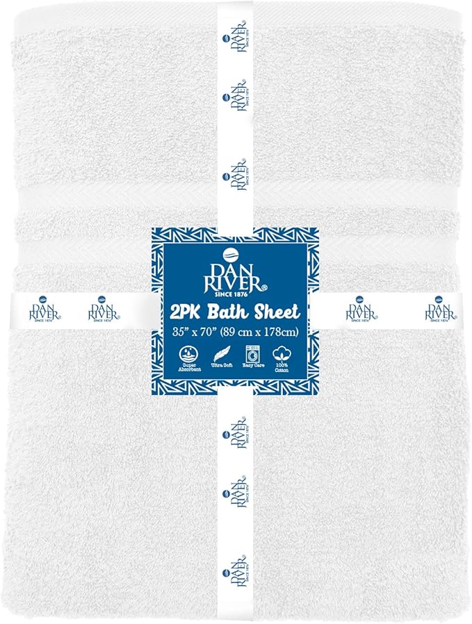 DAN RIVER 2 Pack Luxury Bath Sheets 35x70, 600 GSM, Soft & Quick Dry 100% Ring Spun Cotton Towels Ideal for Hotels, Spas, Gyms & Salons Extra Large, White
