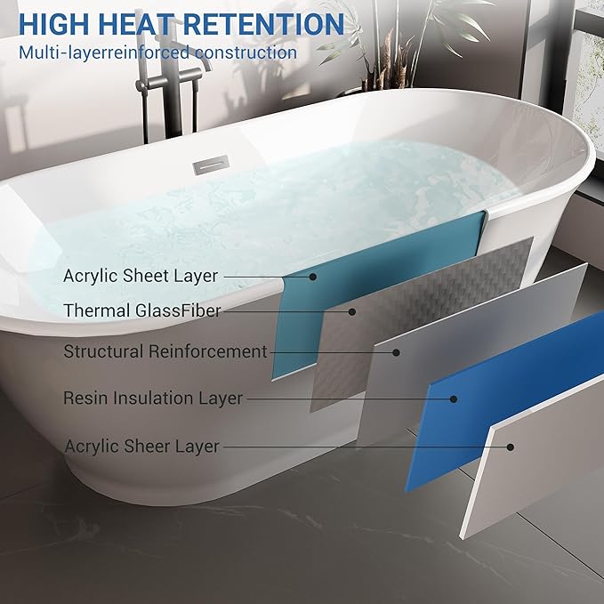 59" Acrylic Freestanding Bathtub, Contemporary Soaking Tub, CUPC Certified Stand Alone Slipper Soaking Tub, Integrated Overflow and Drain, cUPC Certified, Gray exterior, white interior
