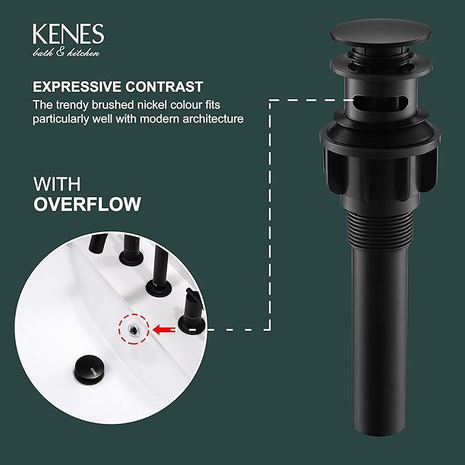 KENES Pop Up Bathroom Sink Drain with Overflow, Matte Black Pop Up Drain Stopper Anti Clog Pop Up Drain Stopper Lavatory Bathroom Vanity Sink Drain