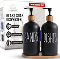 16 OZ Thick Black Glass Soap Dispenser, Bamboo Pump with Tray 2 Pack, Hand and Dish Soap Dispenser Set for Bathroom with 6 Waterproof Labels