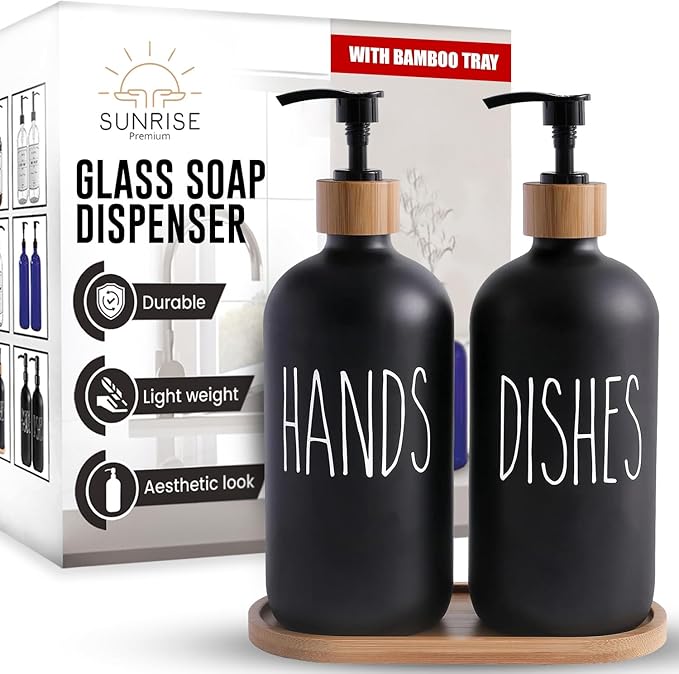 16 OZ Thick Black Glass Soap Dispenser, Bamboo Pump with Tray 2 Pack, Hand and Dish Soap Dispenser Set for Bathroom with 6 Waterproof Labels