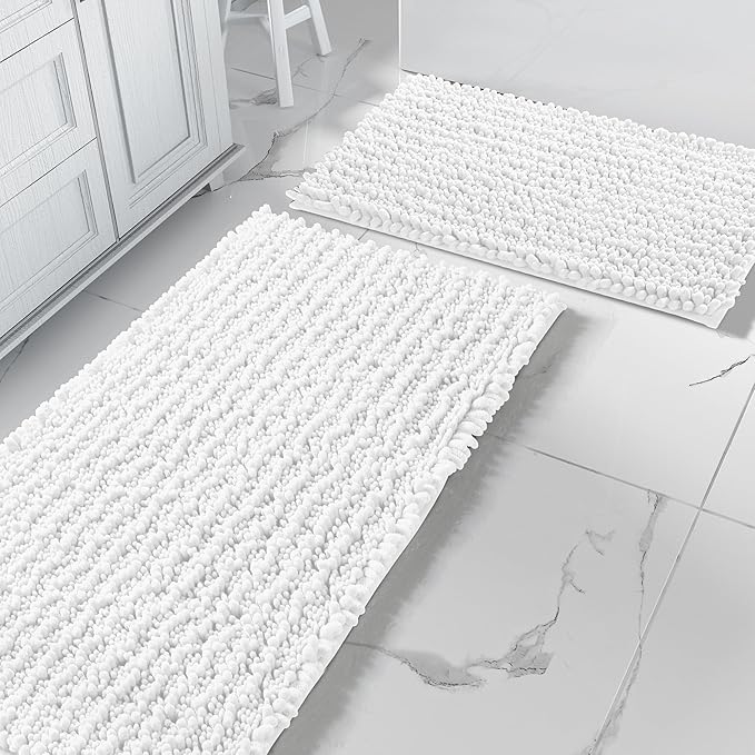 Yimobra Bathroom Rugs Sets 2 Piece - Quick Dry Extra Thick Luxury Chenille Bath Mat, Non Slip Super Absorbent for Tub Shower Sink, Machine Washable Shaggy Floor Mat, 44"x24"+24"x17" Inch, White