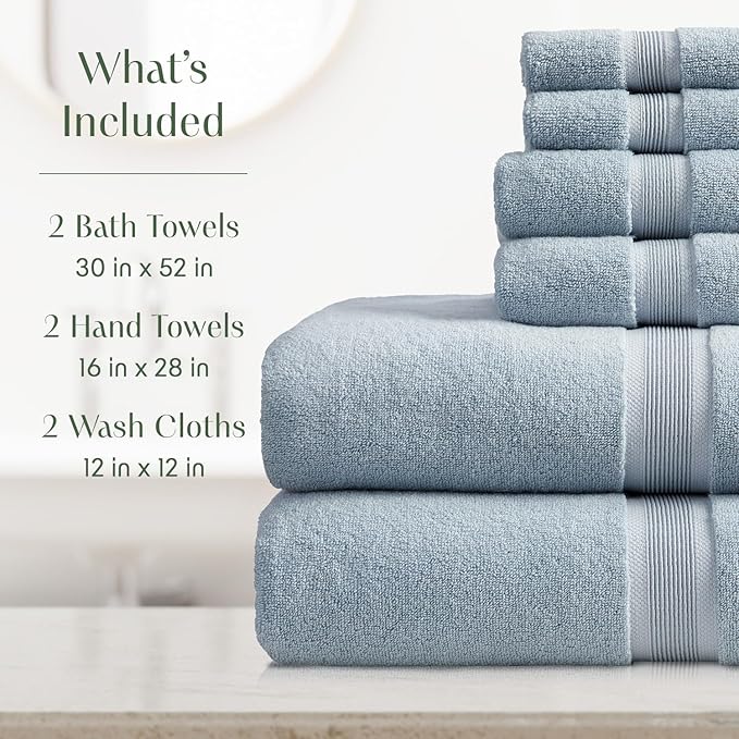 Springtree Home Luxury Bamboo Rayon Bath Towel Set 6 Piece Set | 35% Bamboo Rayon - 65% Cotton | Absorbent Quick-Dry Towels for Bathroom | Oeko-TEX Standard 100 Cotton | Blue Fog