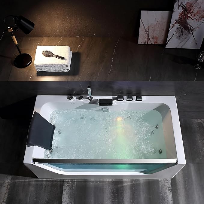 Empava 59 in. Acrylic Alcove Whirlpool Bathtub - Hydromassage Rectangular Jetted Soaking Tub with Center Drain - Waterfall Faucet