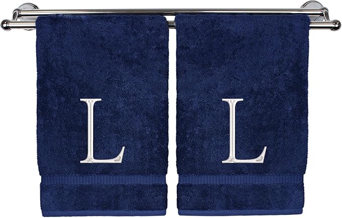 Monogrammed Hand Towel, Personalized Initial Gift, Extra Absorbent 100% Turkish Cotton - Soft Terry Finish - Set of 2 - White Block Initial L - Embroidered on Navy Blue Towels