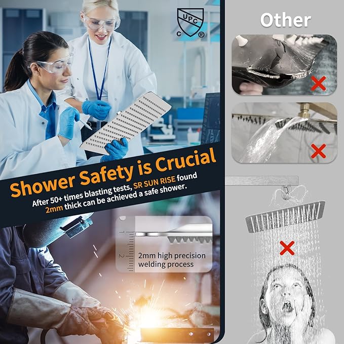 SR SUN RISE Polished Chrome Square Rainfall Shower Head and Handle Set, Wall Mounted Shower Fixtures, Metal Shower Faucet Trim Repair Kits (With Shower Valve) 16 Inches