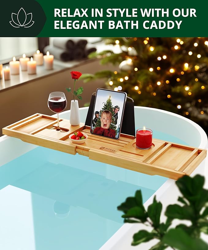 ROYAL CRAFT WOOD Bathtub Tray Caddy for Tub, Bamboo Bath Shelf, Premium Foldable Wood Bath Table, Expandable Bathtub & Bathroom Accessories, New Home Gifts for Mom, Housewarming, Anniversary, Wedding