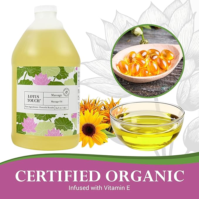 Organic Naturals Massage Oil by Lotus Touch - 100% Certified Organic - High Glide, Easy Workability - Pure Flax Seed, Olive Oil, Jojoba Oil, Shea Butter, Vitamin E Nourish and Protect Skin 1/2 Gallon