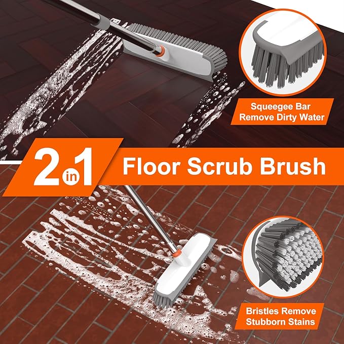 Floor Scrub Brush with Long Handle, Stiff Bristles Deck Brush, BITOPE Multi-Purpose Heavy Duty Hardwood Floor Scrubber, Cleaning Concrete Balcony Patio Garage Outdoor/Indoor