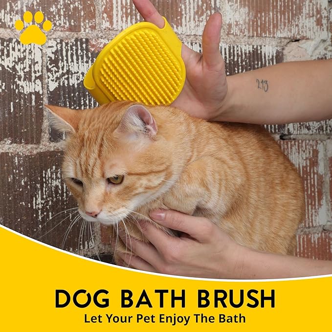 Silicone Dog Bath Brush – Soft Pet Scrubber for Bathing & Grooming – Shampoo Brush for Dogs, Cats & Puppies – Adjustable Strap – Choose from 5 Colors (Yellow)
