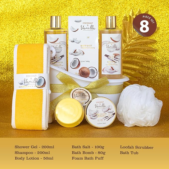 Christmas Gifts for Women and Men - 8-Piece Luxury Coconut Vanilla Bath & Body Gift Set for Women Self Care Kit Spa Gift Baskets | Perfect Gifts for Mom, Birthday Gifts, All Occasion Holiday Present