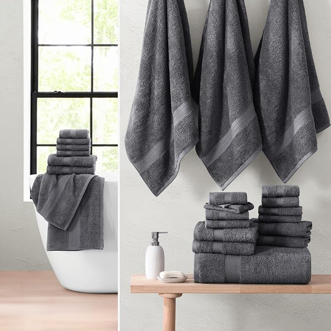 LANE LINEN 100% Cotton Bath Towels Set - 24 PCs - Durable, Quick Dry, Super Soft & Highly Absorbent - 4 Bath, 4 Fingertip, 6 Hand Towels, 8 Washcloths, 2 Bath Sheets - Perfect Family Set - Cool Grey