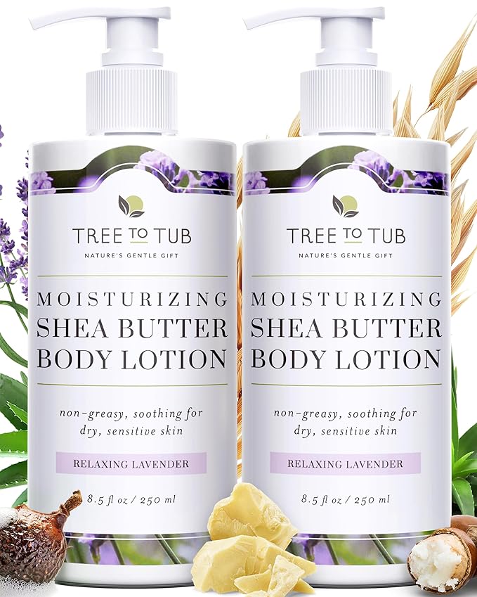 Tree to Tub Lavender Shea Butter Body Lotion for Dry Skin - Moisturizing Sensitive Skin Lotion for Women & Men, Vegan Body Moisturizer w/Organic Aloe Vera, Cocoa Butter, All Natural Colloidal Oatmeal