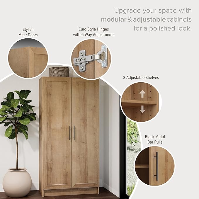 Prepac Natural Oak Elite 65" Tall Accent Kitchen Pantry Cabinet, Craft or Bathroom Storage Cabinet, Buffet Storage with Panel Doors, 3 Shelves, 32" W x 16.75" D x 65" H, Ideal for Home Organization