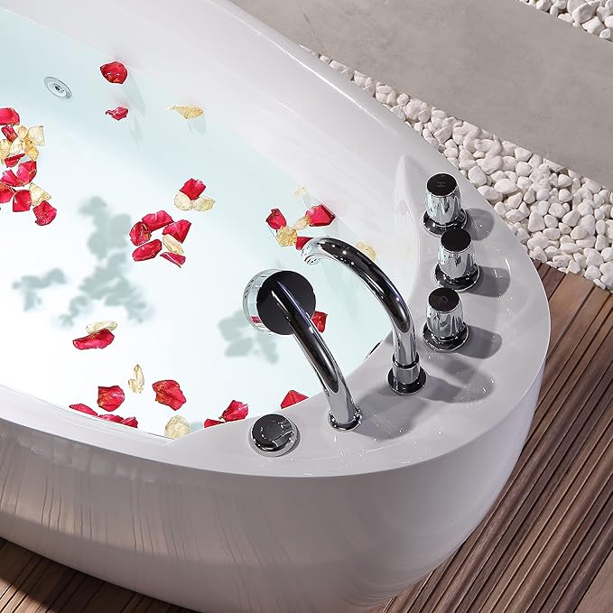 67 in. Acrylic Freestanding Bath Tub Hydromassage Gracefully Oval Shaped 7 Water Jets Soaking SPA, Single-Ended Massage Bathtubs with Pillow, White
