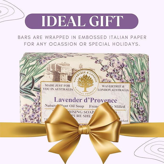 Wavertree & London Lavender Scented Natural Soap Bars (Pack of 2), 7oz Moisturizing French Triple Milled Soap Bars enriched with shea butter - Pure Plant Oil Bath & Body Bar for All Skin Types