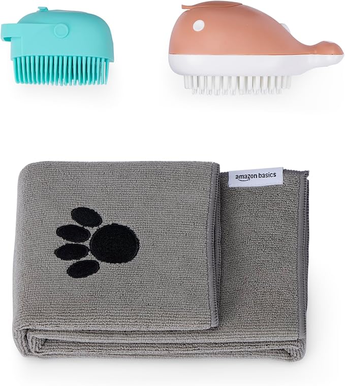 Amazon Basics Dog Bath Brush with Shampoo Dispenser and Fast Dry Towel, 3-Pack, Blue and Orange