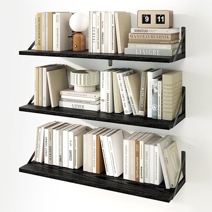Fun Memories Floating Shelves, 32 x 8 Inches, Set of 3 Wall-Mounted Bookshelves with Metal Brackets, Decorative Storage for Home and Office (Black)