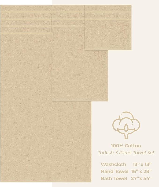 American Soft Linen Premium 3 Piece Towel Set, 1 Bath Towel 1 Hand Towel 1 Washcloth, 600 GSM 100% Cotton Turkish Towels for Bathroom, Beige Towel Set