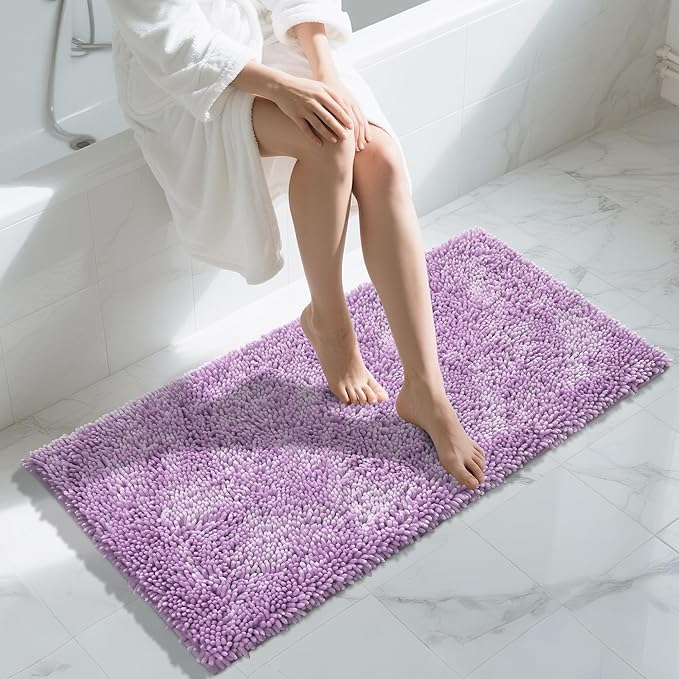 Yimobra Long Bathroom Rug Non Slip 44x24 Inch, Extra Thick Soft Absorbent Chenille Bath Mat, Machine Washable Quick Dry Bath Rugs for Bathroom Floor, Tub and Shower, Home Decor Accessories, Lilac