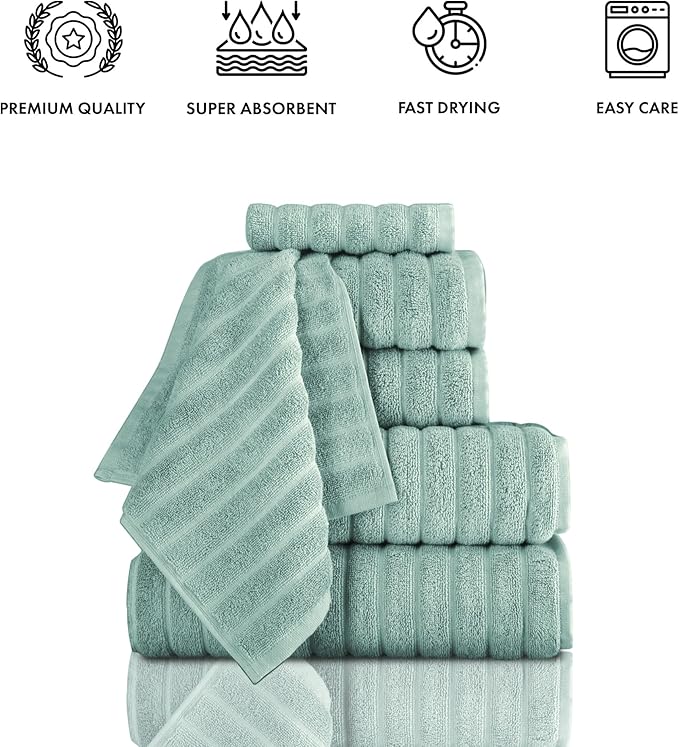 Classic Turkish Towels CTT Luxury 6 Piece Towel Set, 100% Turkish Cotton, Quick Drying, Highly Absorbent & Comfy, Includes 2 Bath Towels, 2 Hand Towels & 2 Washcloths | (Spa Green)
