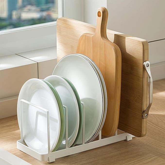Cutting board organizer Dish rack Pot Lid Organizer for Bakeware, Dish Plate, Cutting Boards, Pots & Pans, Drying Rack Storage Holder Organizer for Kitchen Cabinet/Sink/Kitchen countertops (White)