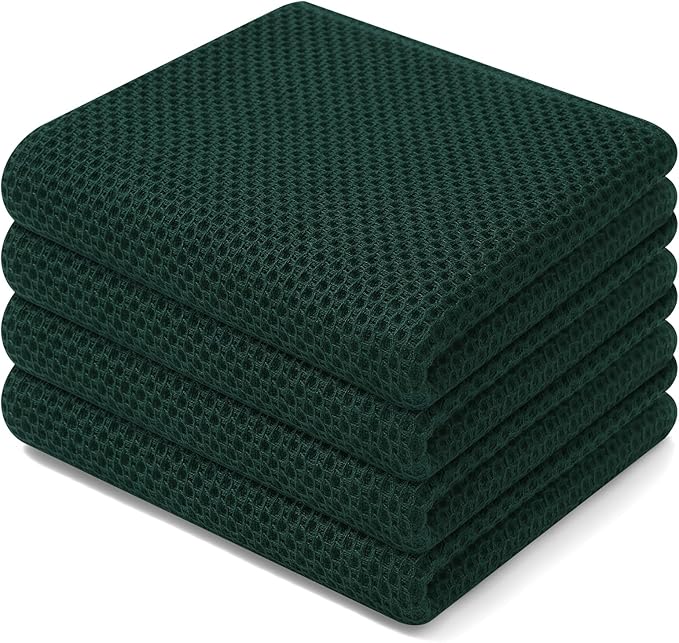 Homaxy 100% Cotton Waffle Weave Kitchen Dish Towels, Ultra Soft Absorbent Quick Drying Cleaning Towel, 13 x 28 Inches, 4-Pack, Blackish Green