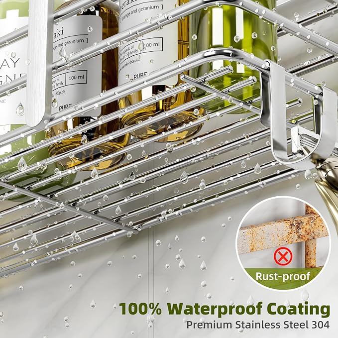 Yougai Shower Caddy Shower Shelf with Soap Dish and 4 Hooks, SUS304 Stainless Steel Shampoo Holder Bathroom Shower Organizer No Drilling Adhesive Wall Mounted Storage Shelves Basket Accessories-3 Pack