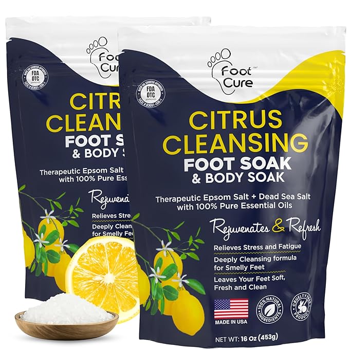 FOOT CURE Citrus Detox Foot Soak With Epsom Salts for Foot Callus, Immune Boost, Damaged Toenail, Athletes Foot, Pedicure and Soothes Tired Aching Feet - 16 oz (Pack of 2)