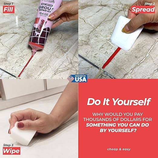 PentaUSA Tile Grout - Large Grout Filler Repairs Renews Tube, Fast Drying Grout Repair Kit, Odorless Formula - Grout Floater Included - 13.4oz / 380gr (Red)