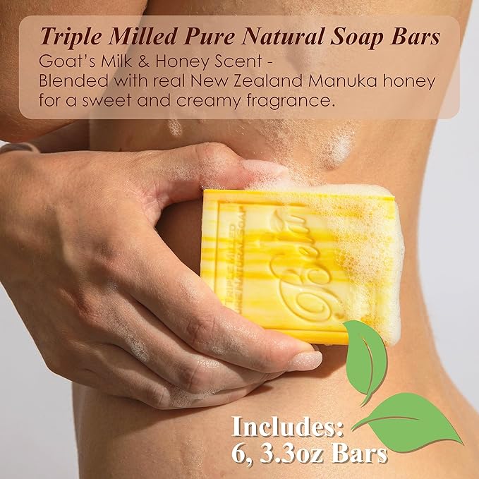 BELA Honey and Goat Milk Soap 3.3 OZ Pack of 6, Long Lasting French Triple Milled Bar Soap with Organic Shea Butter, Hand, Face and Body Wash Bar, Made in Australia