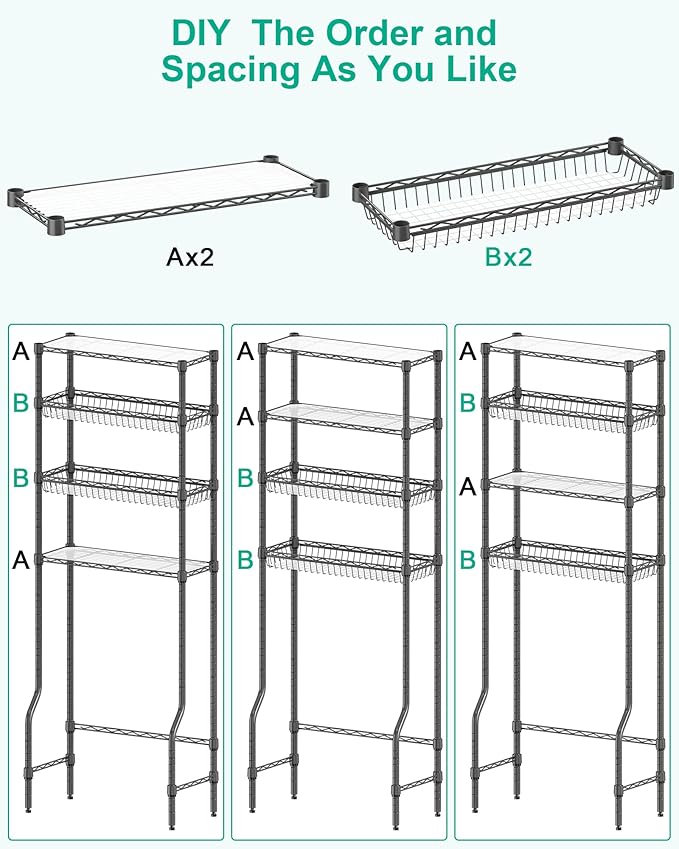 Over The Toilet Storage, 4-Tier Over Toilet Shelf Organizer Metal Storage Rack Freestanding Bathroom Space Saver with Adjustable Shelves and Baskets, Gray