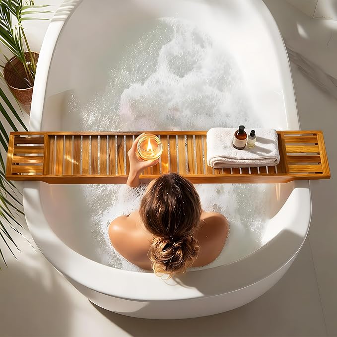 VaeFae Teak Bathtub Tray, Wooden Bath Caddy for Bathtub, Bath Tub Wood Table for Tub, 39.8" x 6" x 1.8"