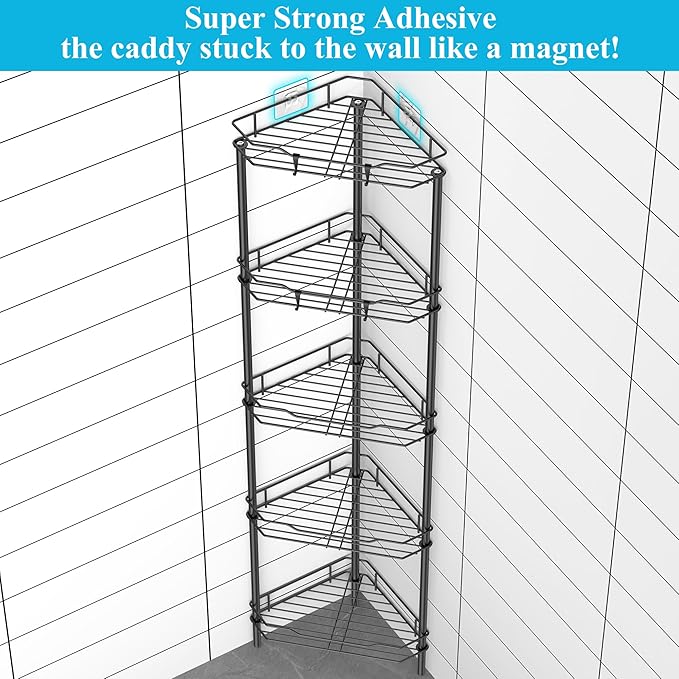 5 Tier Floor Standing Corner Shower Caddy Organizer Shelf with Hooks, Bathroom Shelves Stand Rack, Matt Black