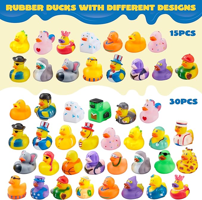JOYIN 30 Pcs Rubber Ducks, Random Assortment Ducks Bulk with Mesh Carry Bag, Mini Rubber Duckies for Baby Bath Toys, Kids Toddler Summer Pool Toys Birthday Gifts Party Favors