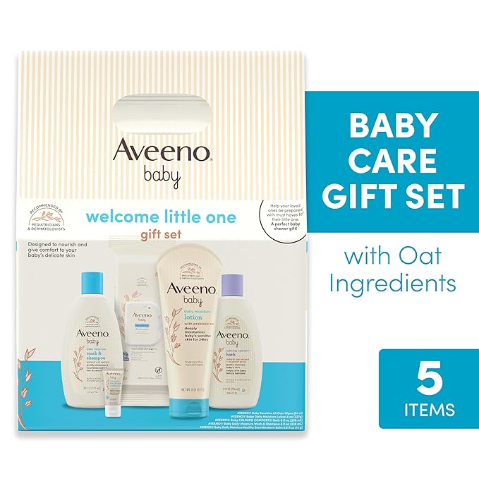 Aveeno Baby Welcome Little One Gift Set, Skincare Set with Nourishing Body Wash & Shampoo, Calming Bath Wash, All Over Wipes, Daily Moisturizing Lotion, & Balm, 5 Items