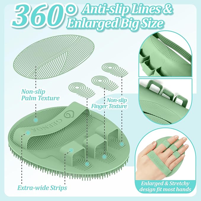Silicone Back Scrubber & Soft Bath Glove 2PCS, 16''- 21''Extendable Back Scrubber with Dual-Side Large Head, 360° Anti-Slip Hand-fit Silicone Body Scrubber for Rich Foaming Deep Cleaning(Green)