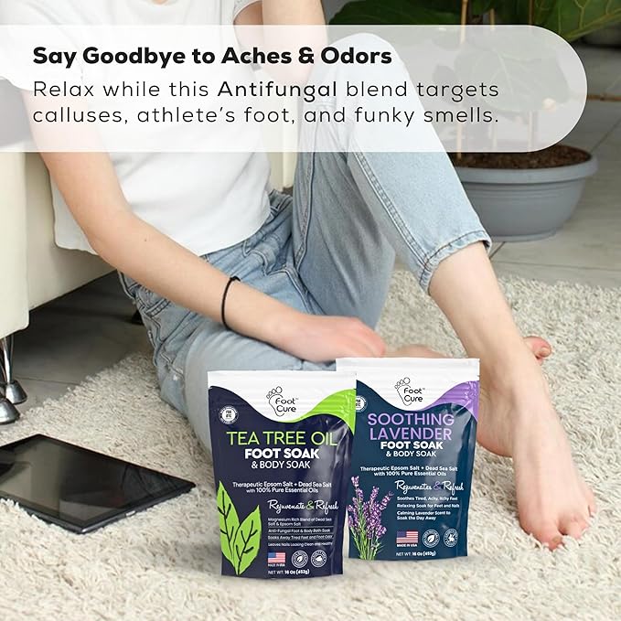 FOOT CURE Tea Tree Oil & Soothing Lavender Foot Soak with Epsom Salt - Best Toenail Treatment & Softens Calluses - Soothes Sore & Tired Feet, Foot Odor Scent, Spa Pedicure - 16 oz (Pack of 2)