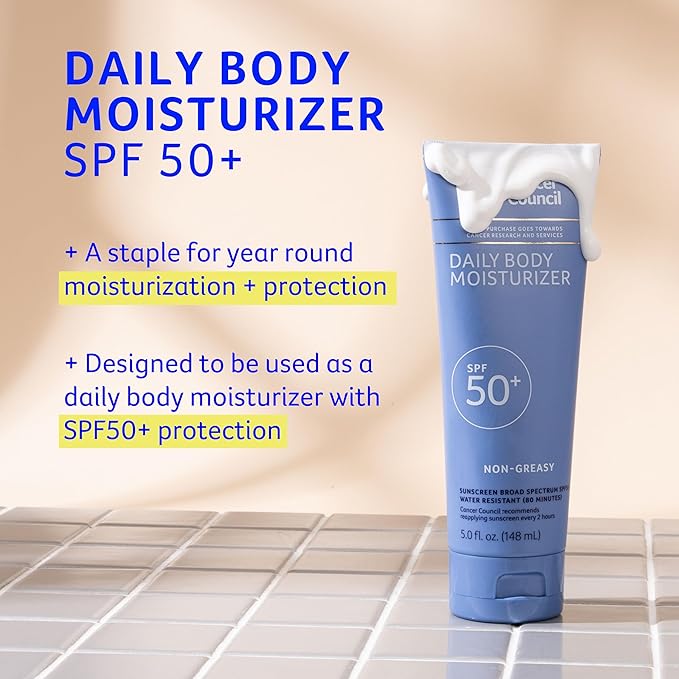 Cancer Council Sunscreen Body Lotion Moisturizer, SPF50+, Sun Care with Vitamin E, Aloe Vera, Broad Spectrum UVA/UVB Sun Protection, Sensitive Skin, Paraben & Fragrance Free, Water Resistant, 150ml